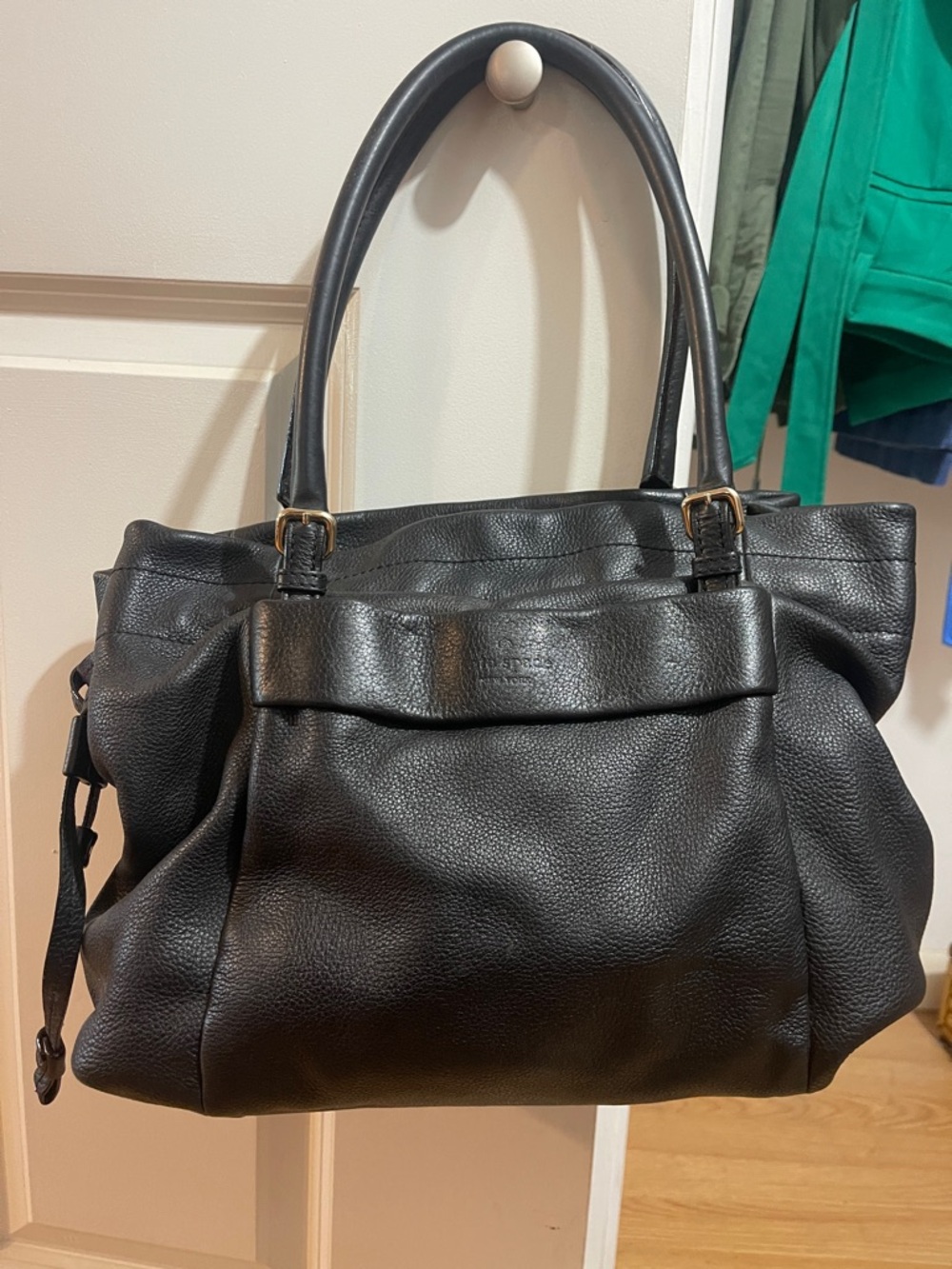 kate spade Black Pebbled Leather Shoulder Tote with Flap Detail